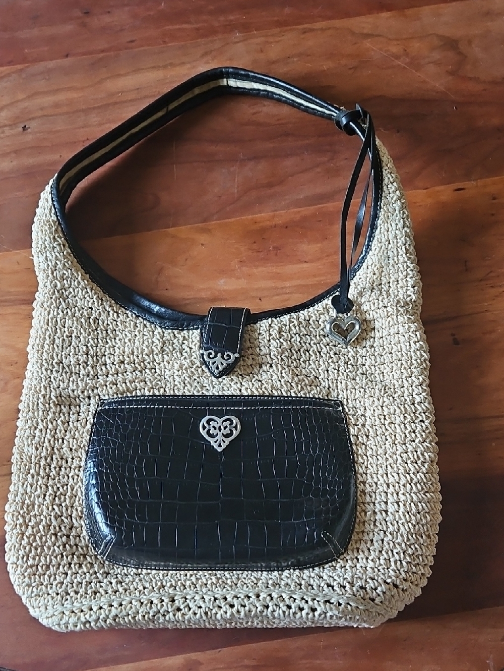 Brighton Cream Crochet Hobo Bag with Black Trim and Heart Charm
